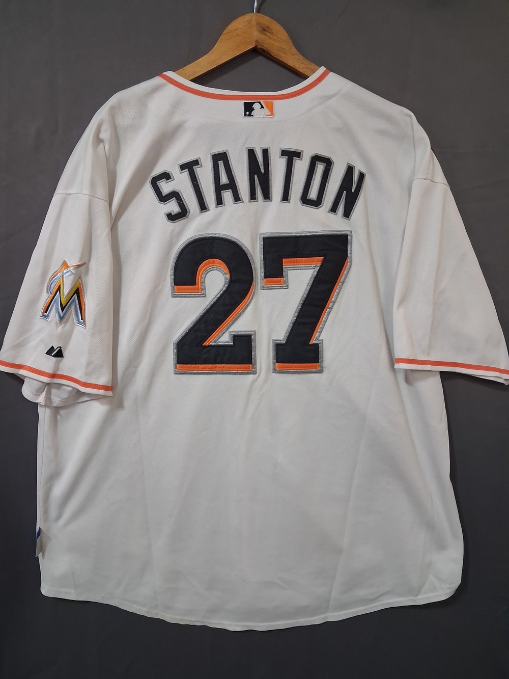 Majestic White Miami Marlins Stanton #27 Jersey with Orange & Black Trim